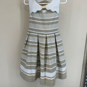 Bonnie Jean Natural White Beige Striped Dress Fit & Flair Peter Pan Collar Sz 5